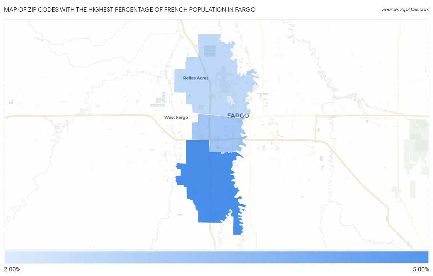 Zip Codes with the Highest Percentage of French Population in Fargo Map