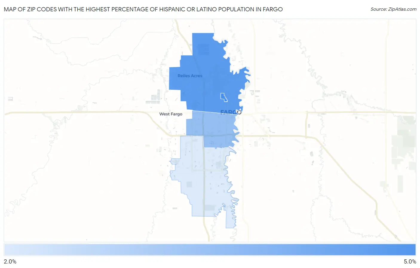Zip Codes with the Highest Percentage of Hispanic or Latino Population in Fargo Map