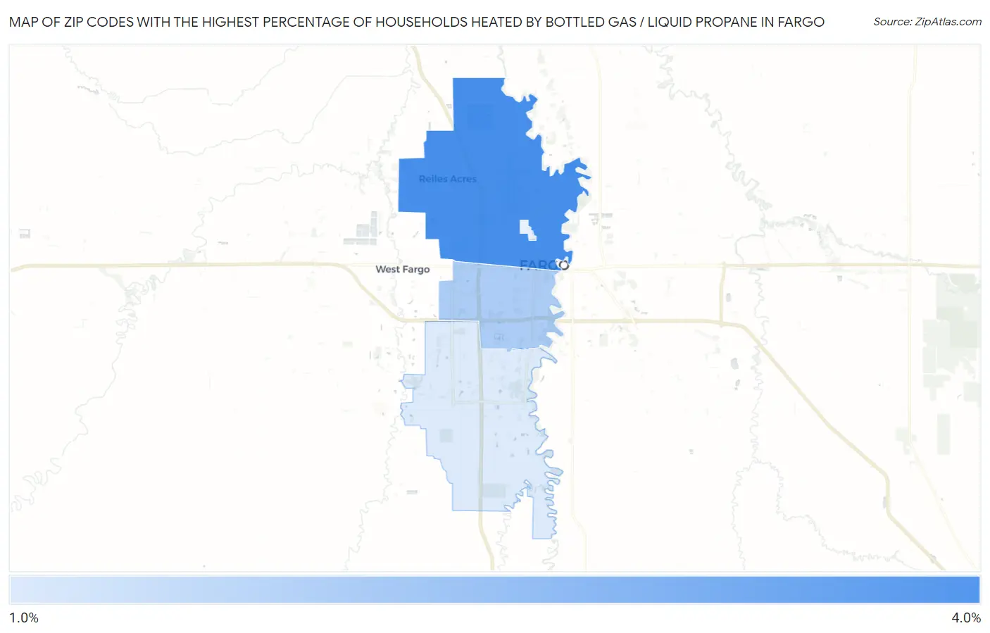 Zip Codes with the Highest Percentage of Households Heated by Bottled Gas / Liquid Propane in Fargo Map