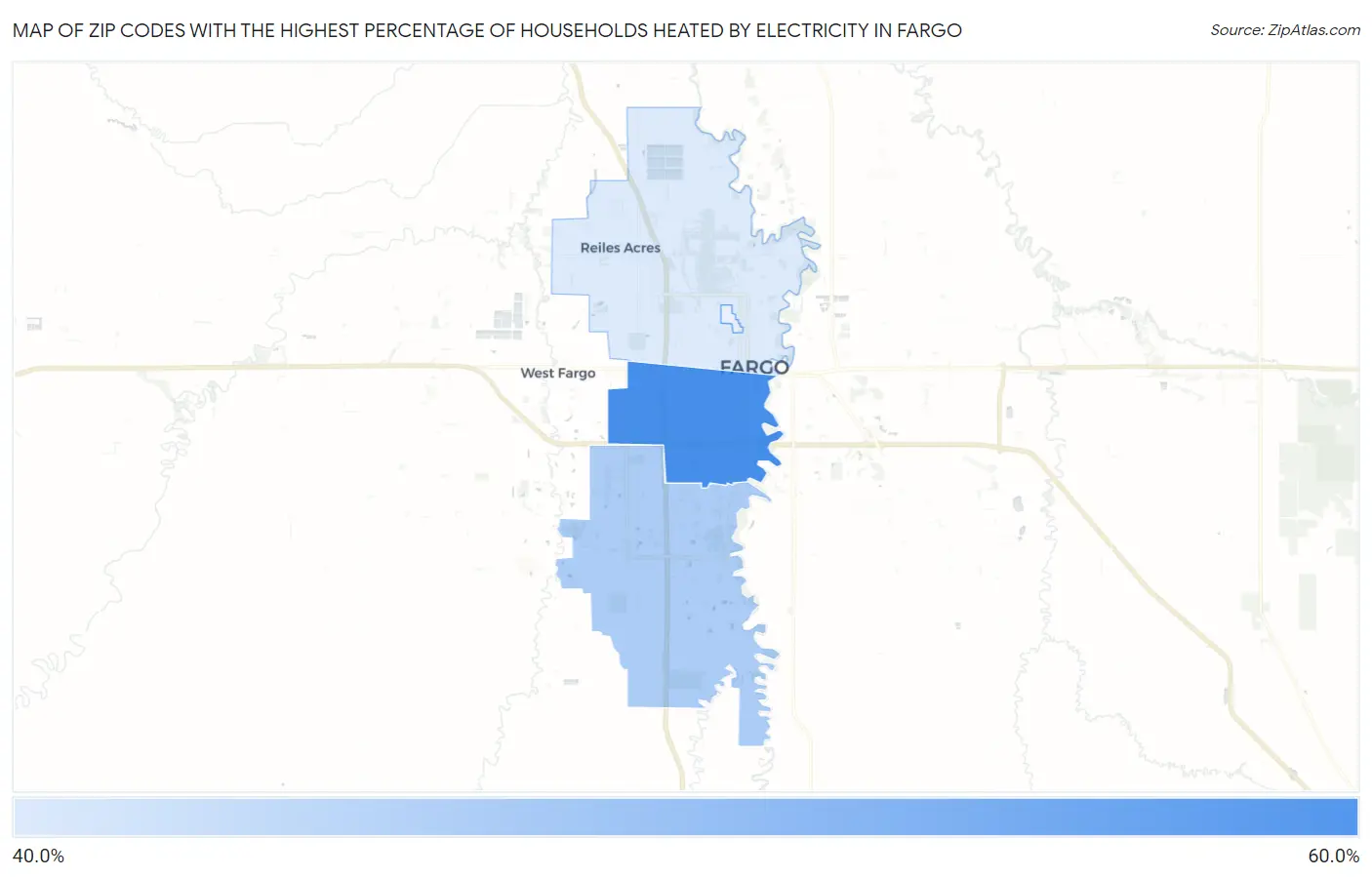 Zip Codes with the Highest Percentage of Households Heated by Electricity in Fargo Map