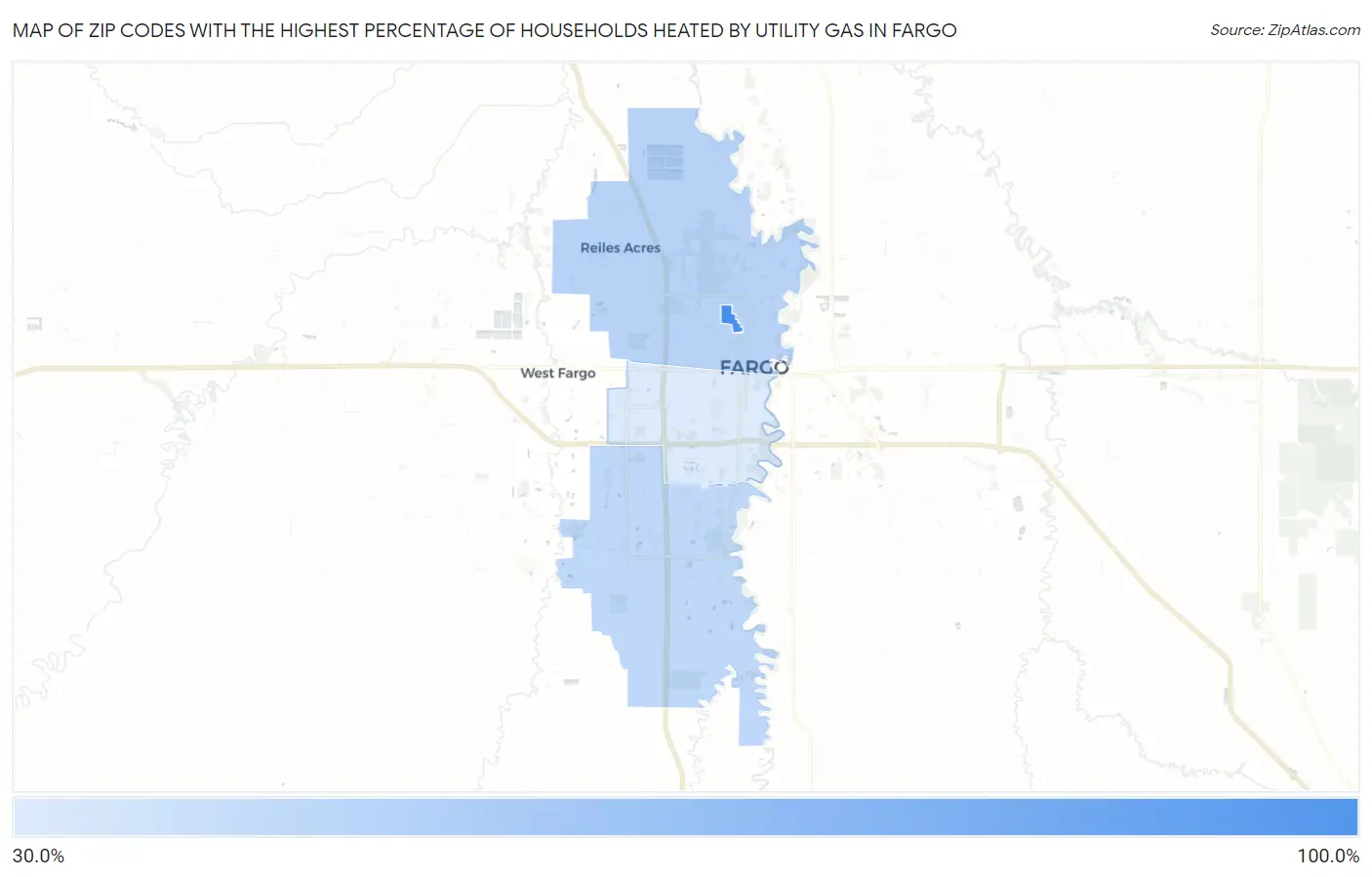 Zip Codes with the Highest Percentage of Households Heated by Utility Gas in Fargo Map