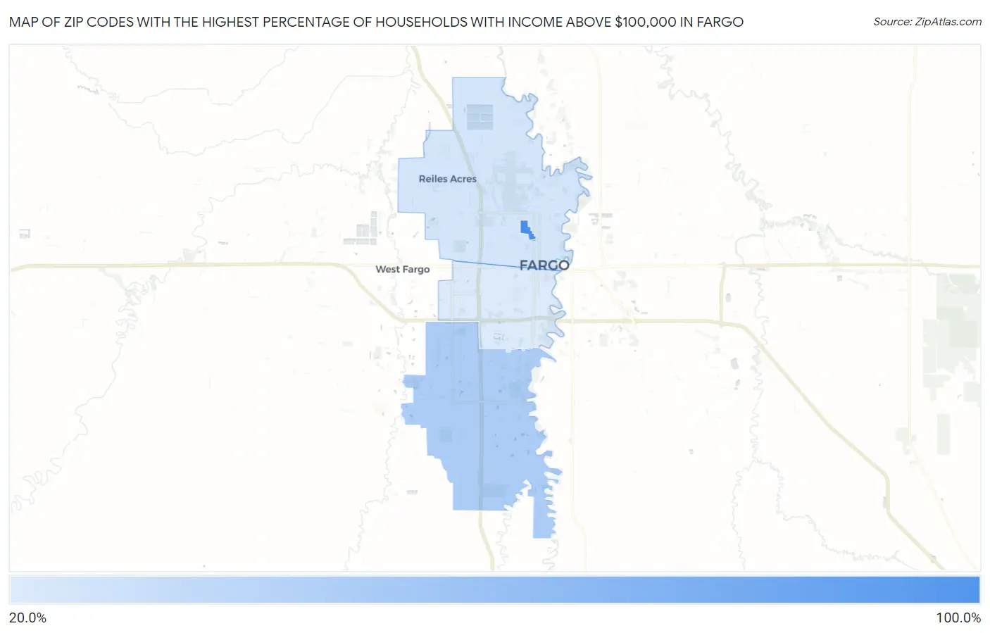 Zip Codes with the Highest Percentage of Households with Income Above $100,000 in Fargo Map