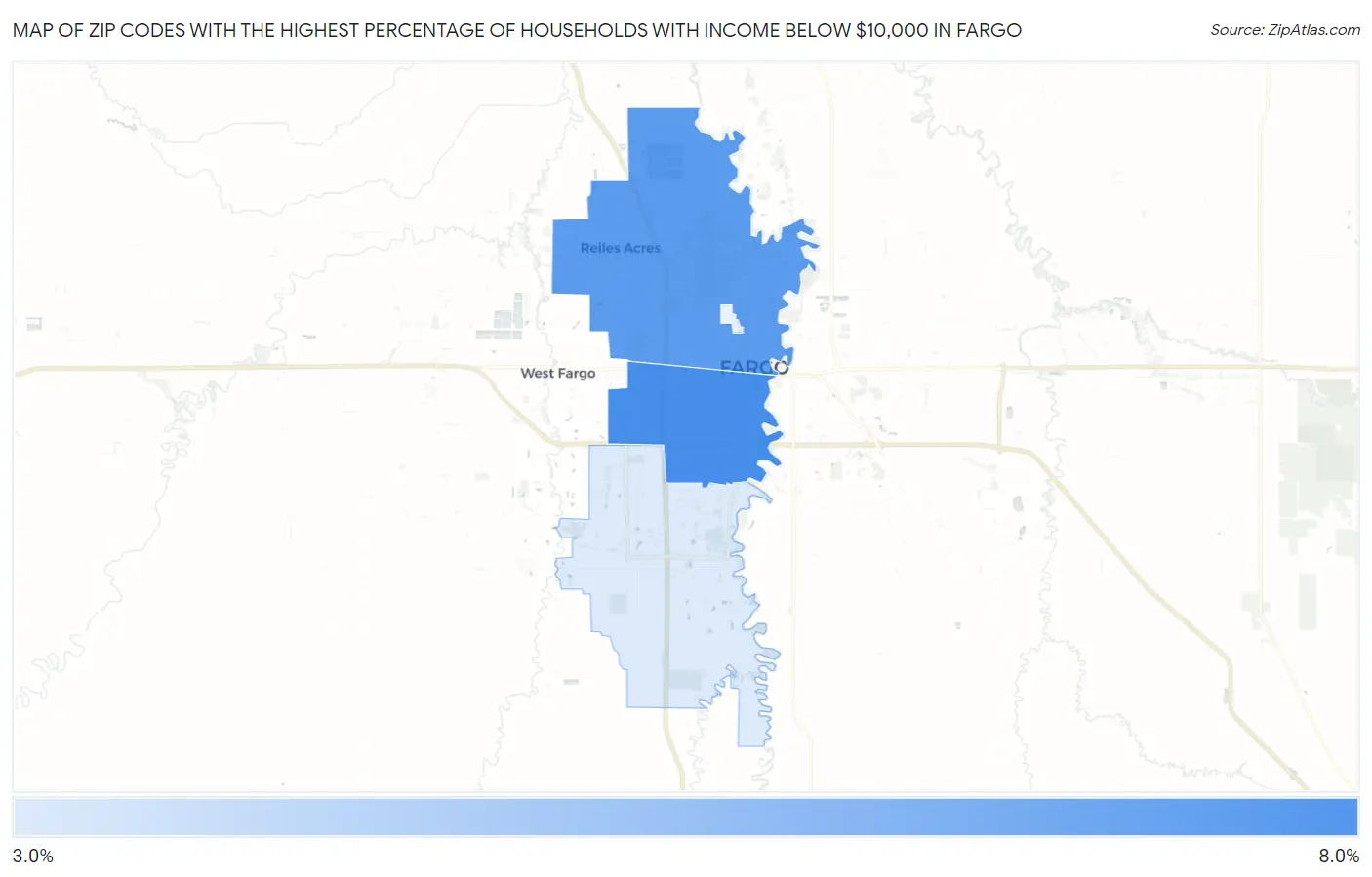 Zip Codes with the Highest Percentage of Households with Income Below $10,000 in Fargo Map