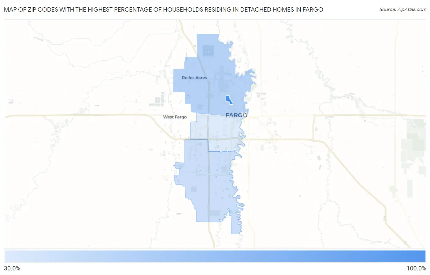 Zip Codes with the Highest Percentage of Households Residing in Detached Homes in Fargo Map