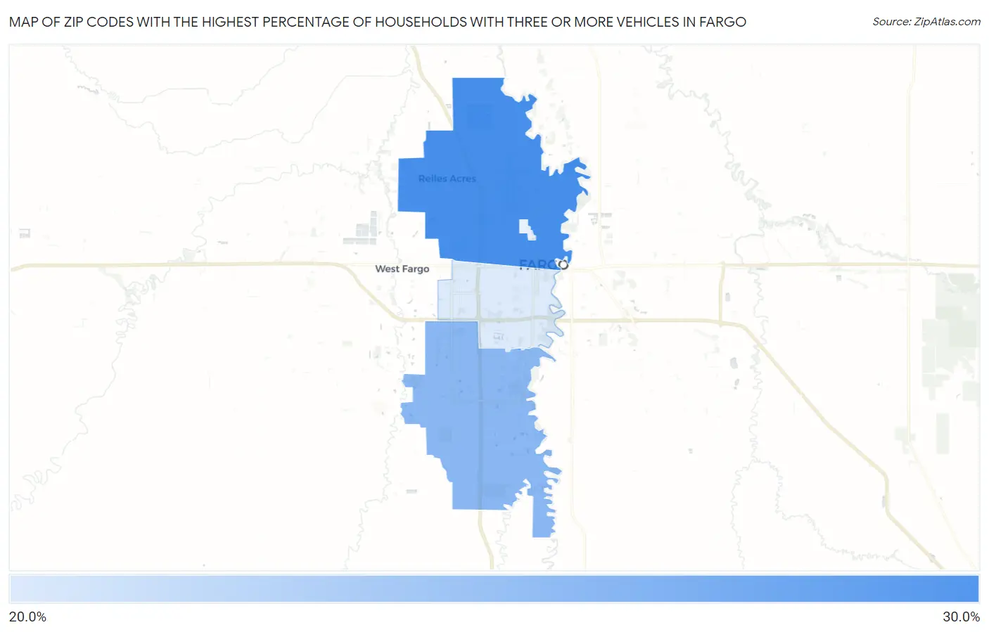 Zip Codes with the Highest Percentage of Households With Three or more Vehicles in Fargo Map