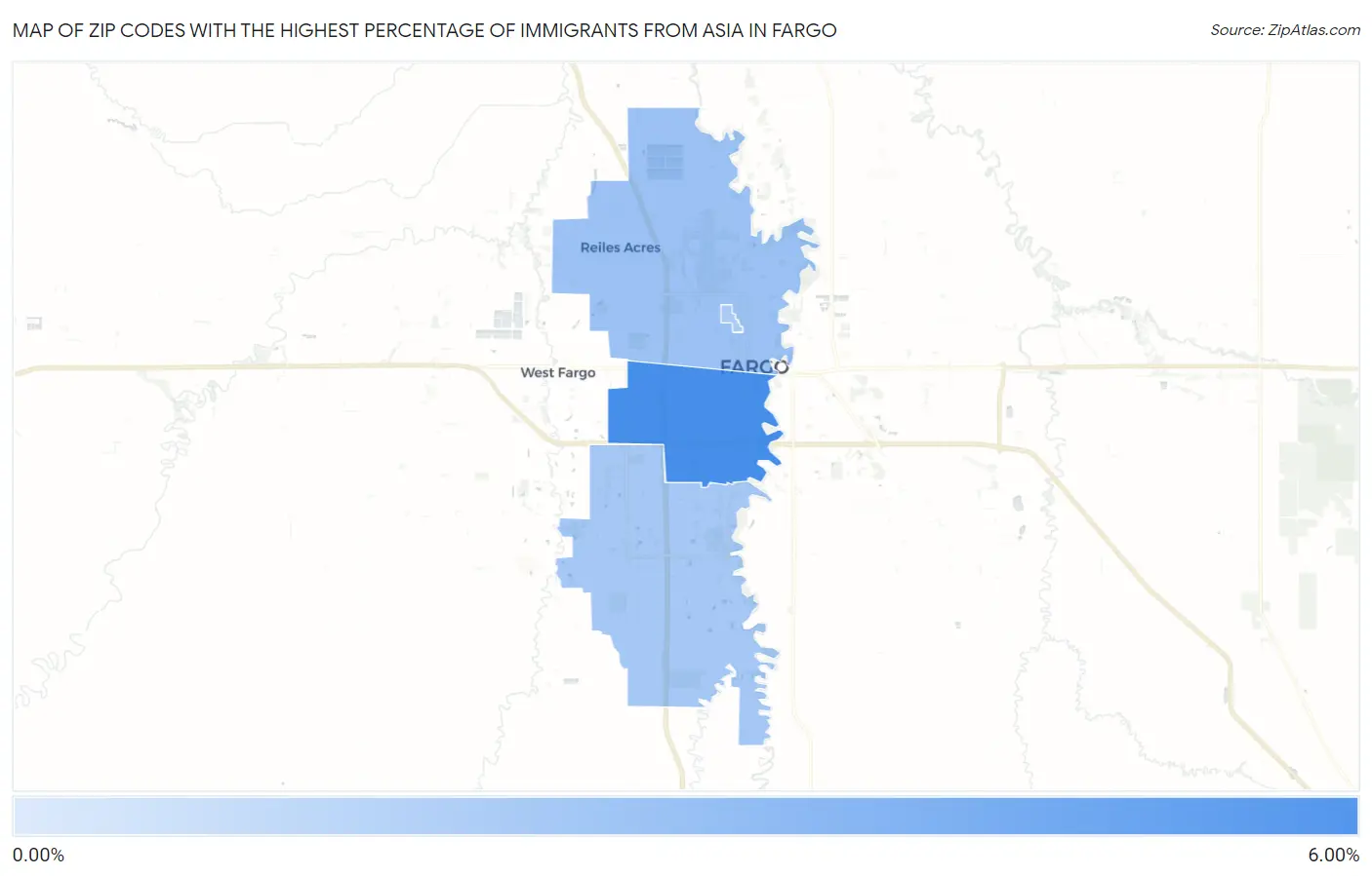 Zip Codes with the Highest Percentage of Immigrants from Asia in Fargo Map