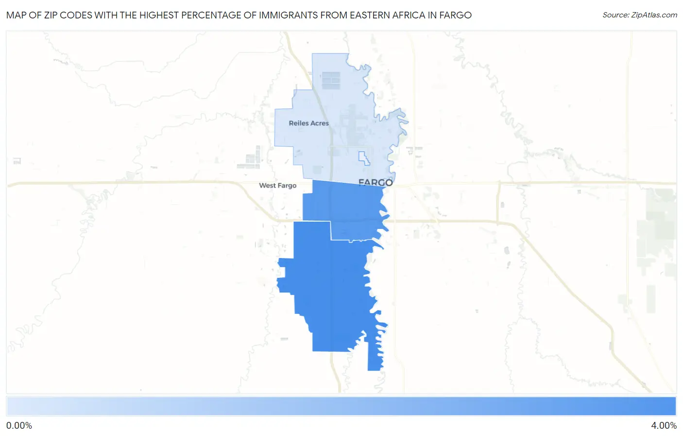 Zip Codes with the Highest Percentage of Immigrants from Eastern Africa in Fargo Map