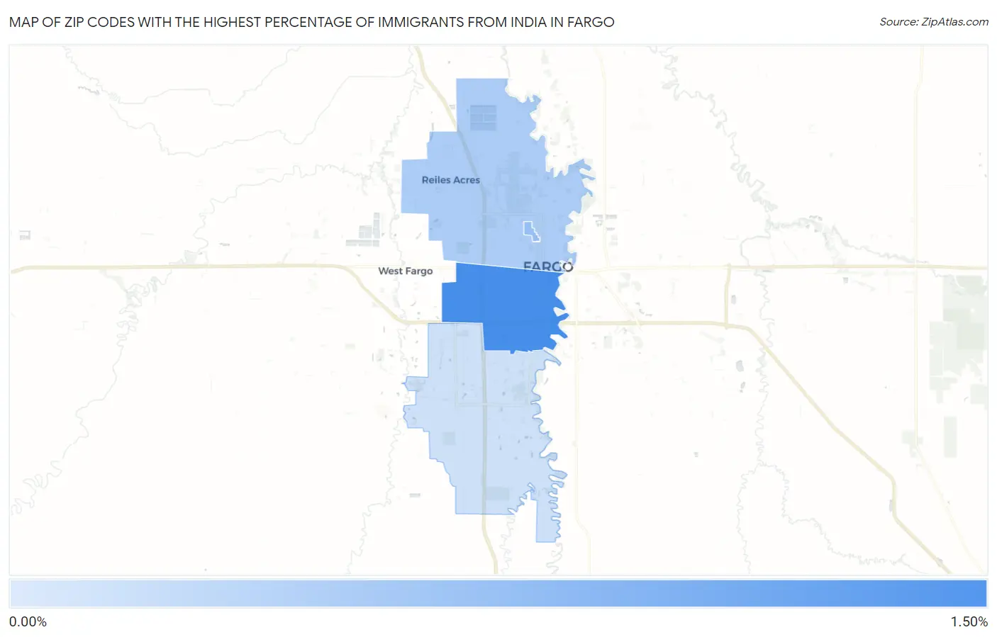 Zip Codes with the Highest Percentage of Immigrants from India in Fargo Map
