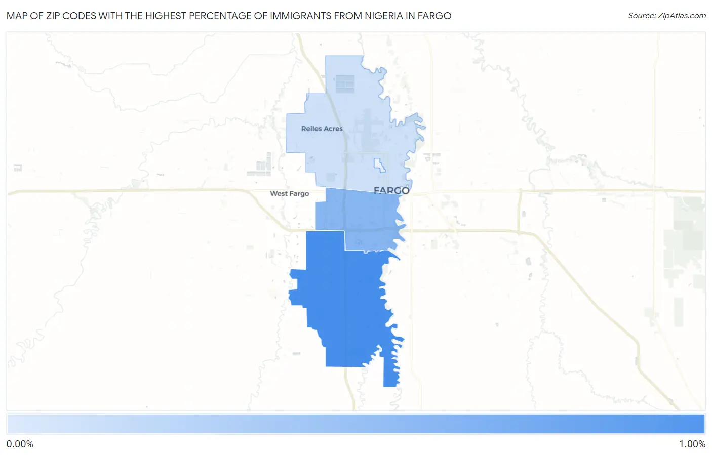 Zip Codes with the Highest Percentage of Immigrants from Nigeria in Fargo Map