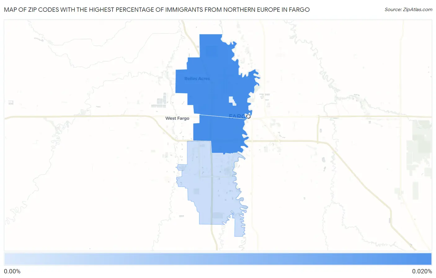 Zip Codes with the Highest Percentage of Immigrants from Northern Europe in Fargo Map