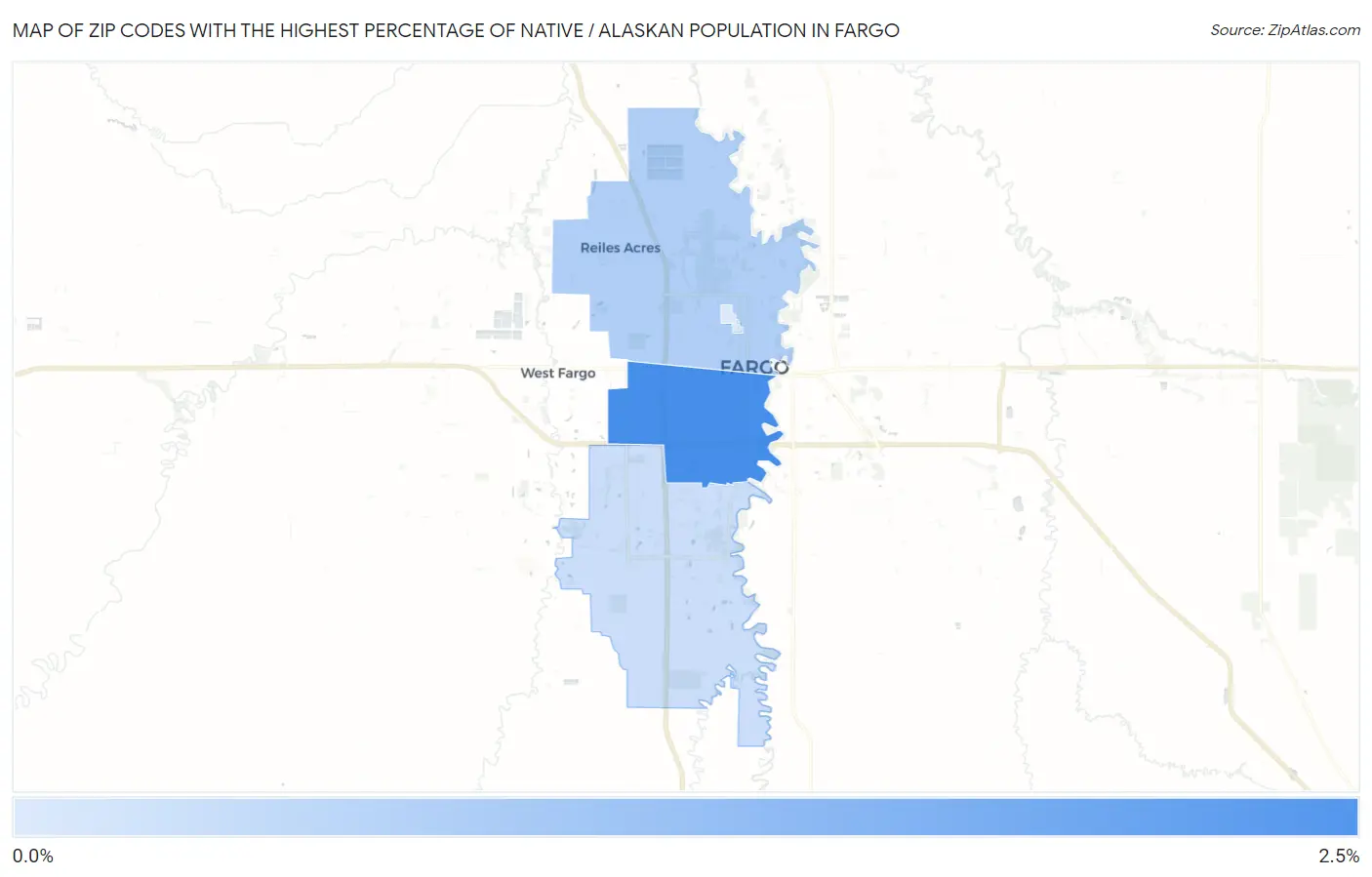 Zip Codes with the Highest Percentage of Native / Alaskan Population in Fargo Map