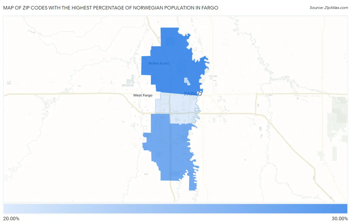Zip Codes with the Highest Percentage of Norwegian Population in Fargo Map