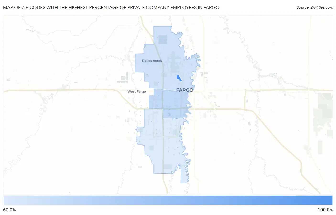 Zip Codes with the Highest Percentage of Private Company Employees in Fargo Map