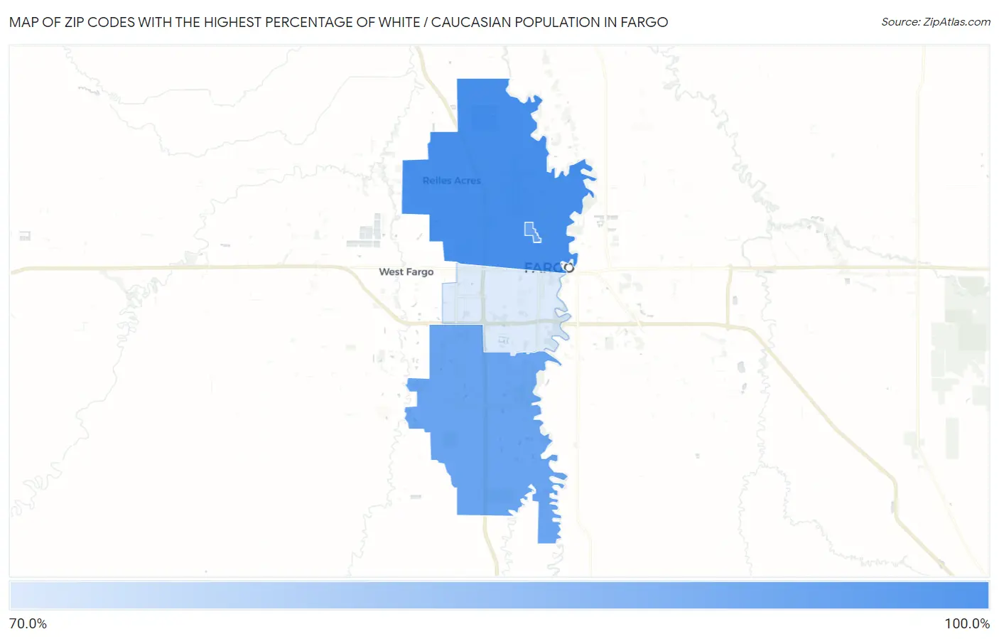 Zip Codes with the Highest Percentage of White / Caucasian Population in Fargo Map