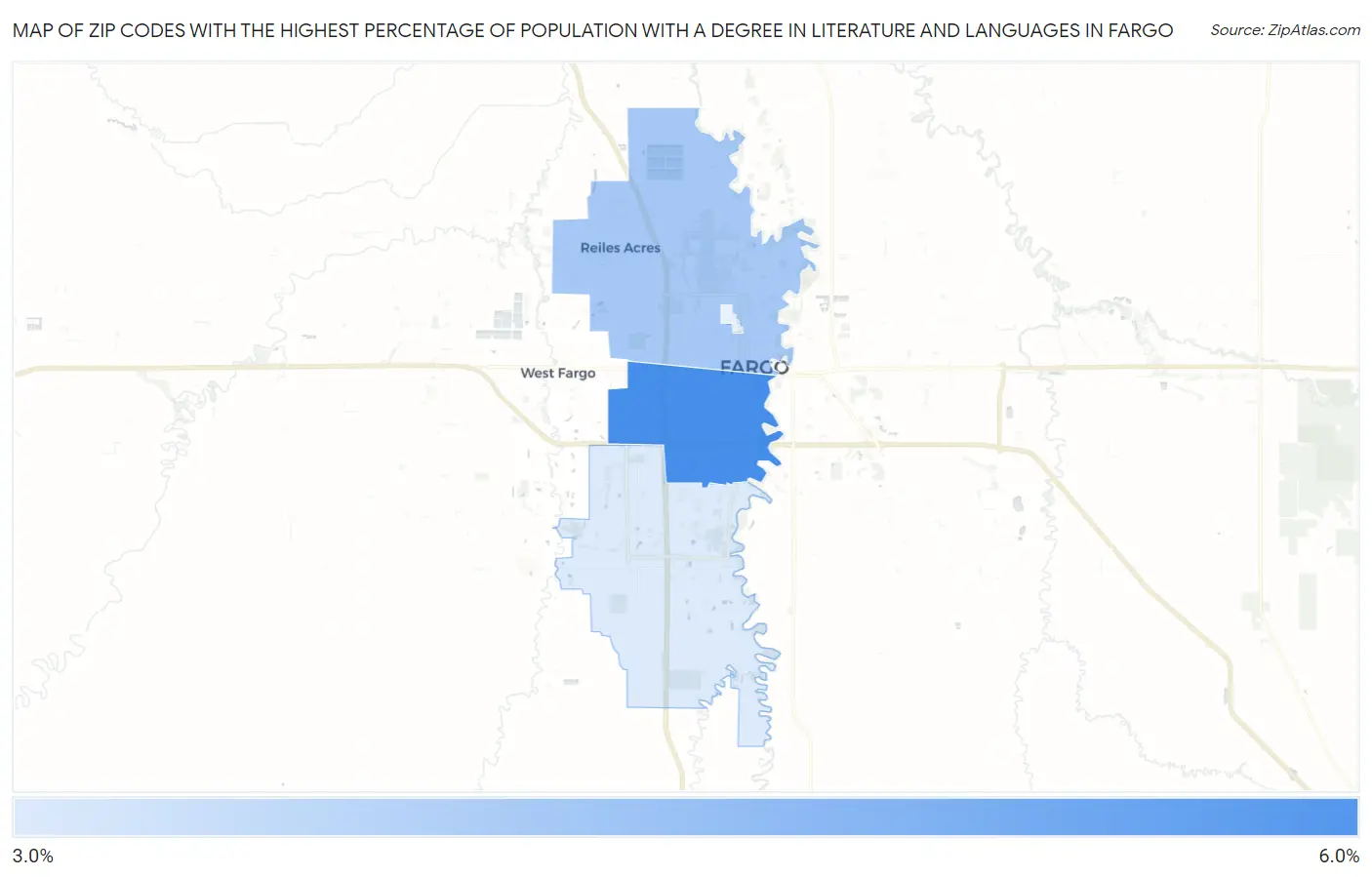 Zip Codes with the Highest Percentage of Population with a Degree in Literature and Languages in Fargo Map