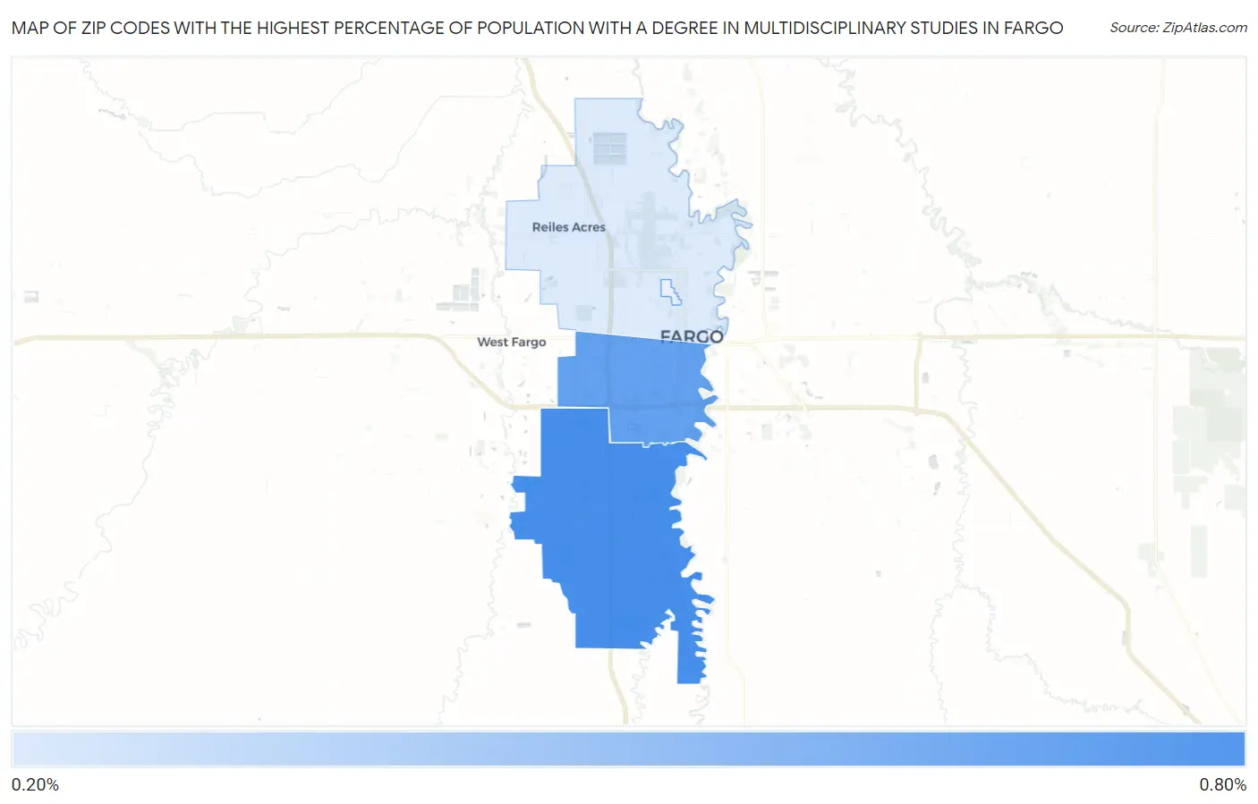 Zip Codes with the Highest Percentage of Population with a Degree in Multidisciplinary Studies in Fargo Map