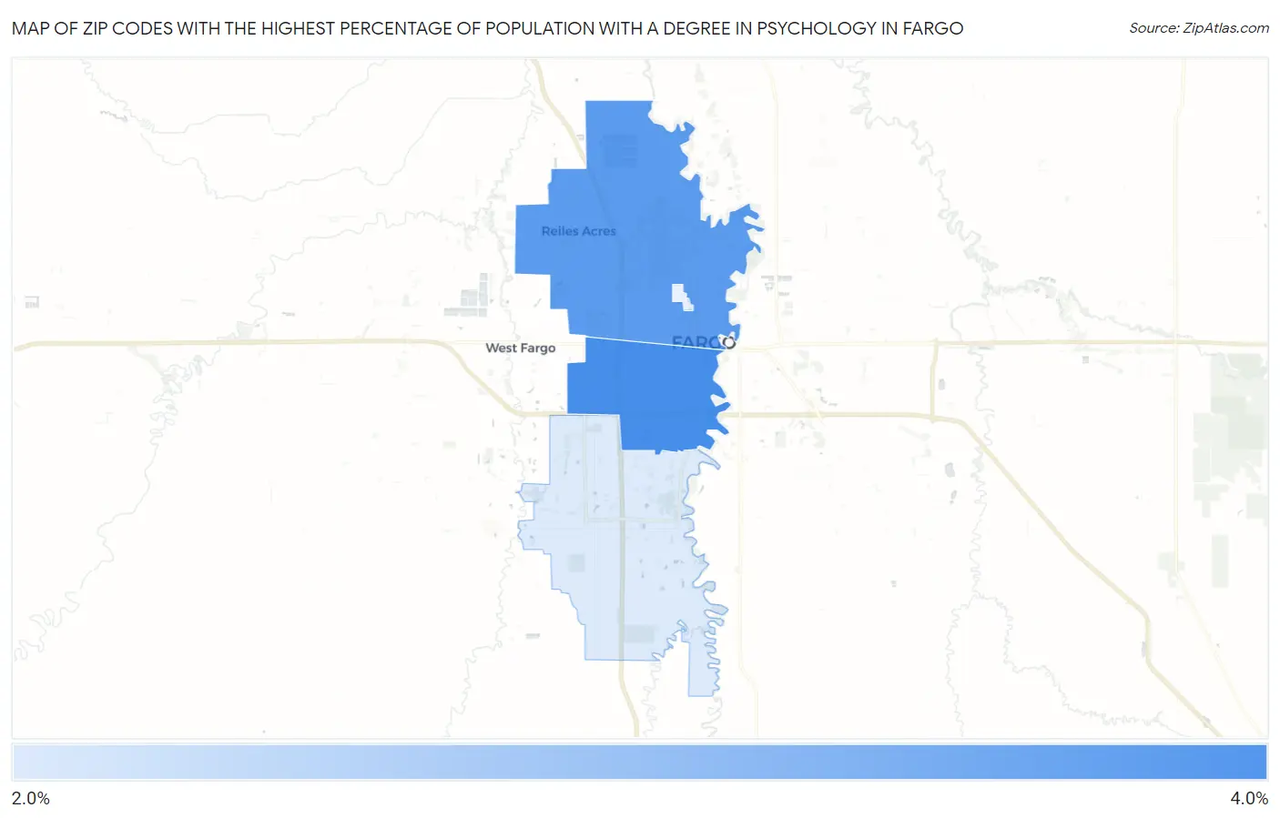 Zip Codes with the Highest Percentage of Population with a Degree in Psychology in Fargo Map