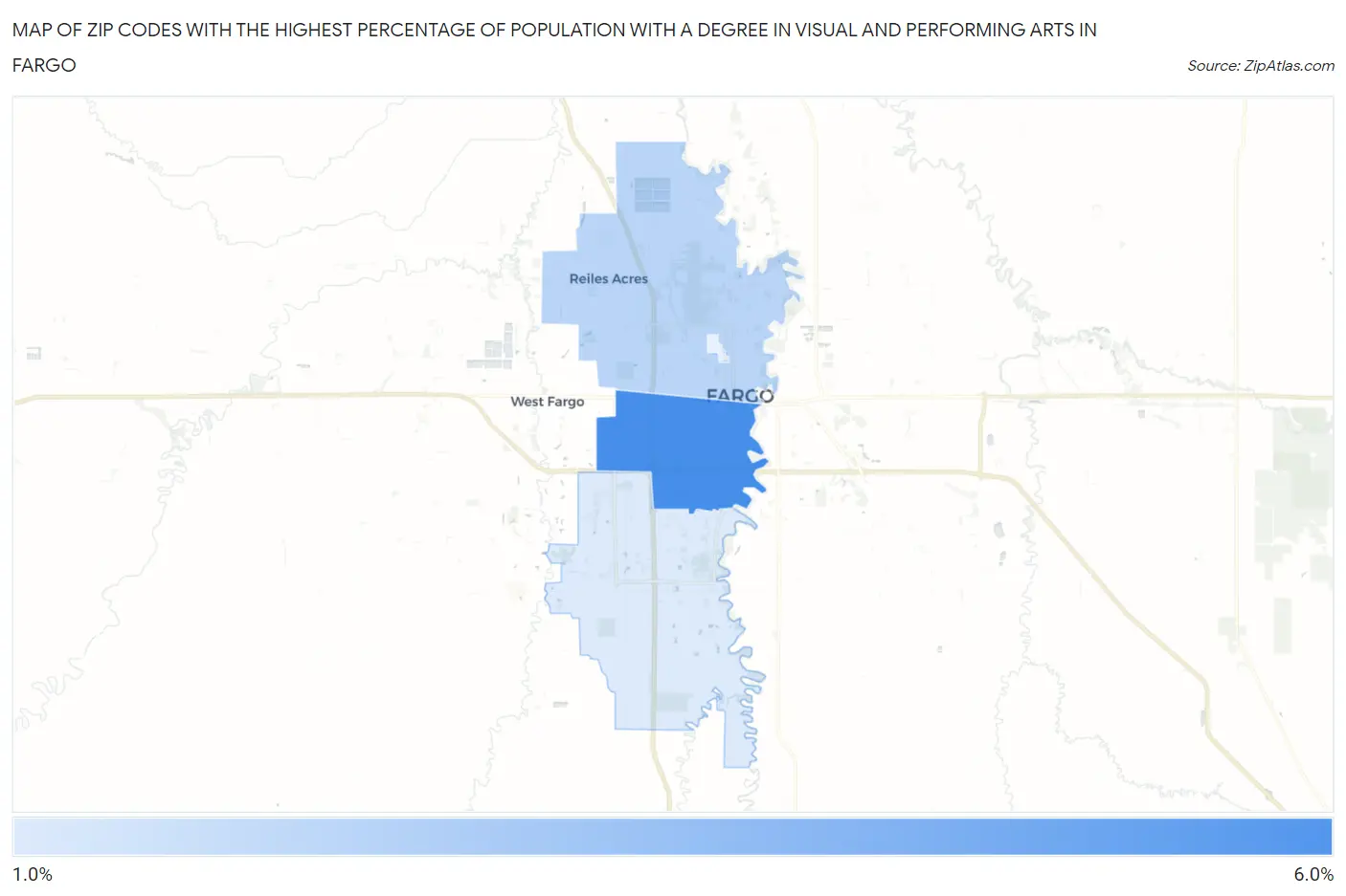 Zip Codes with the Highest Percentage of Population with a Degree in Visual and Performing Arts in Fargo Map