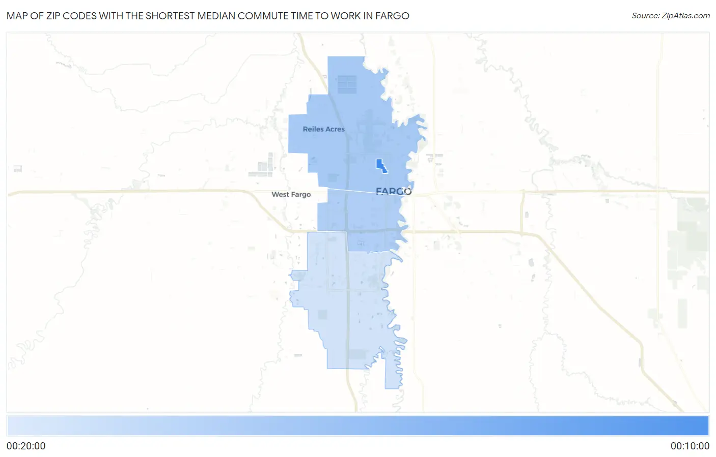 Zip Codes with the Shortest Median Commute Time to Work in Fargo Map