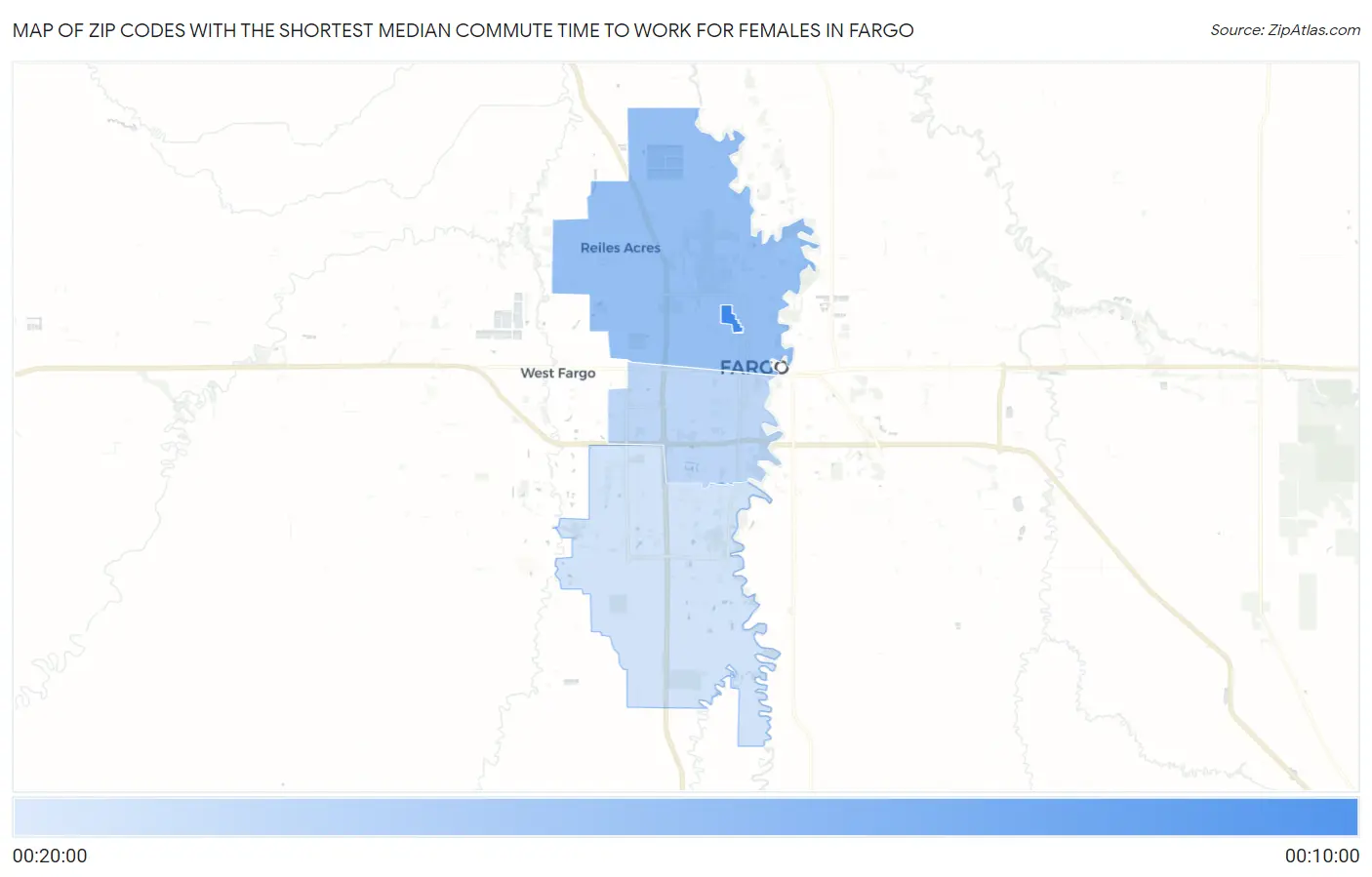 Zip Codes with the Shortest Median Commute Time to Work for Females in Fargo Map
