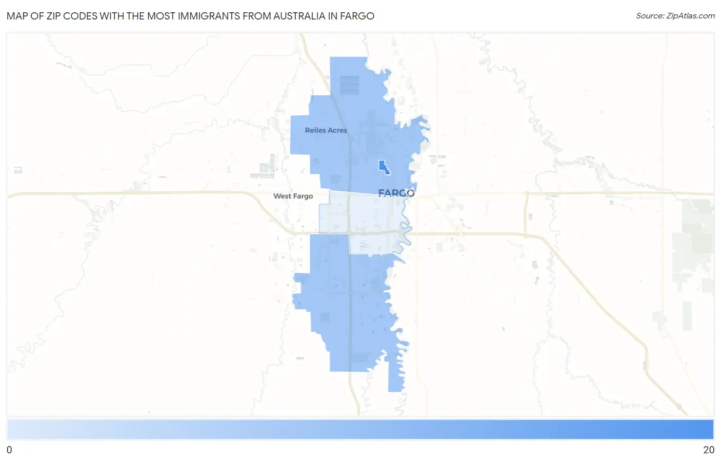 Zip Codes with the Most Immigrants from Australia in Fargo Map