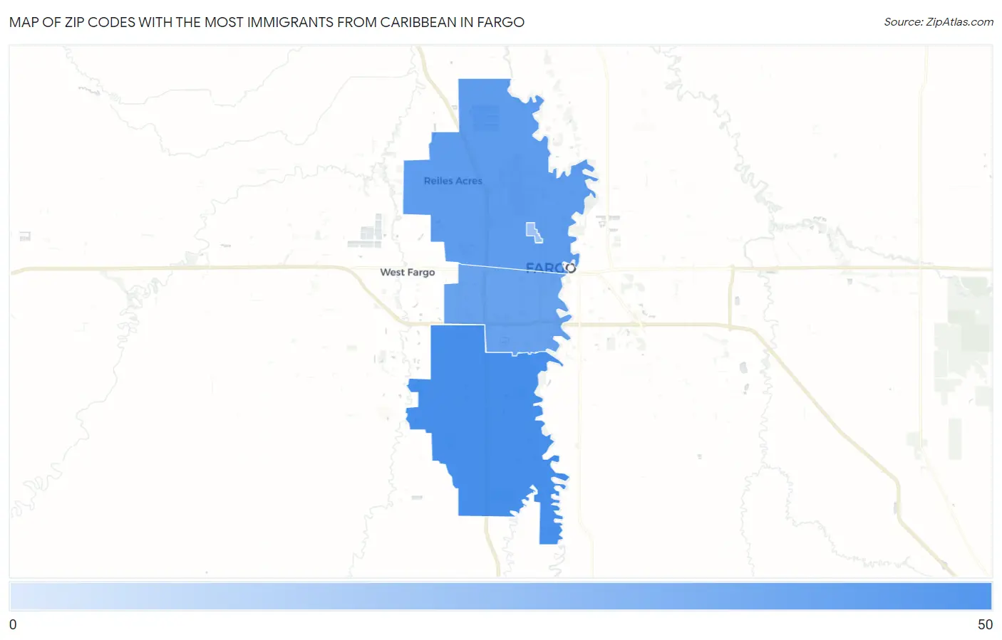 Zip Codes with the Most Immigrants from Caribbean in Fargo Map