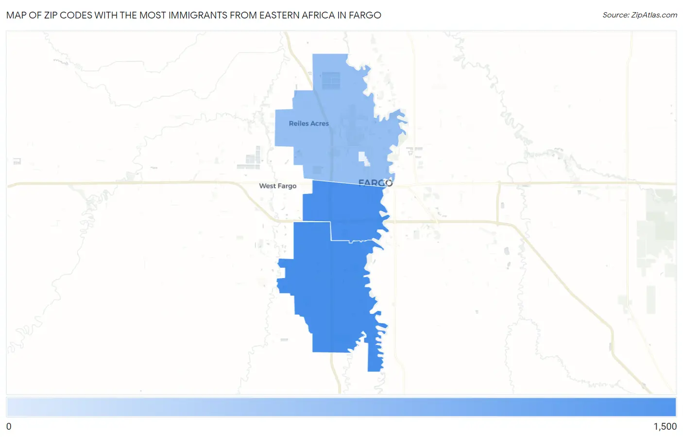 Zip Codes with the Most Immigrants from Eastern Africa in Fargo Map