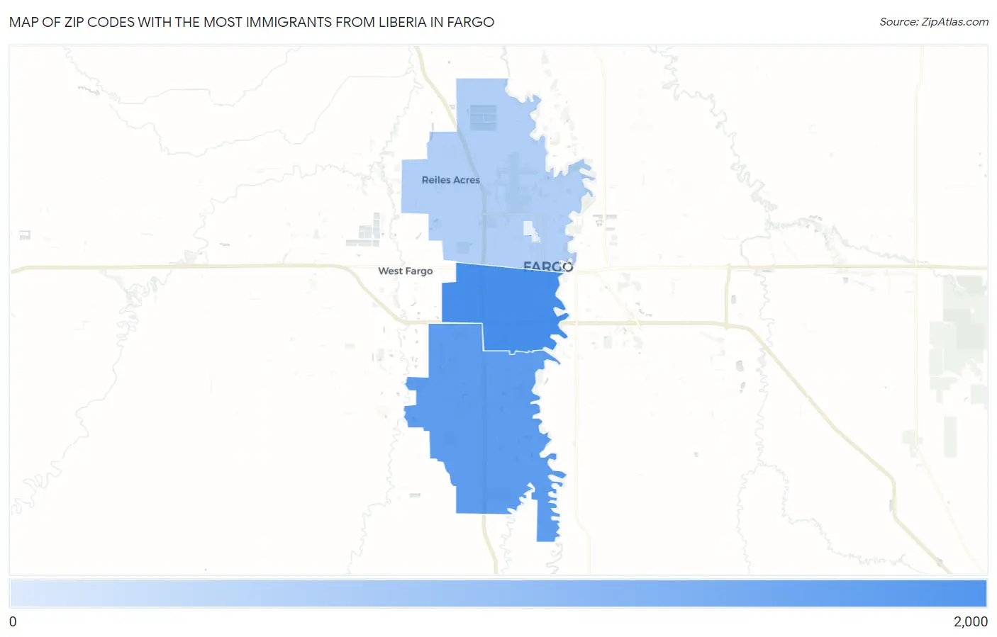 Zip Codes with the Most Immigrants from Liberia in Fargo Map