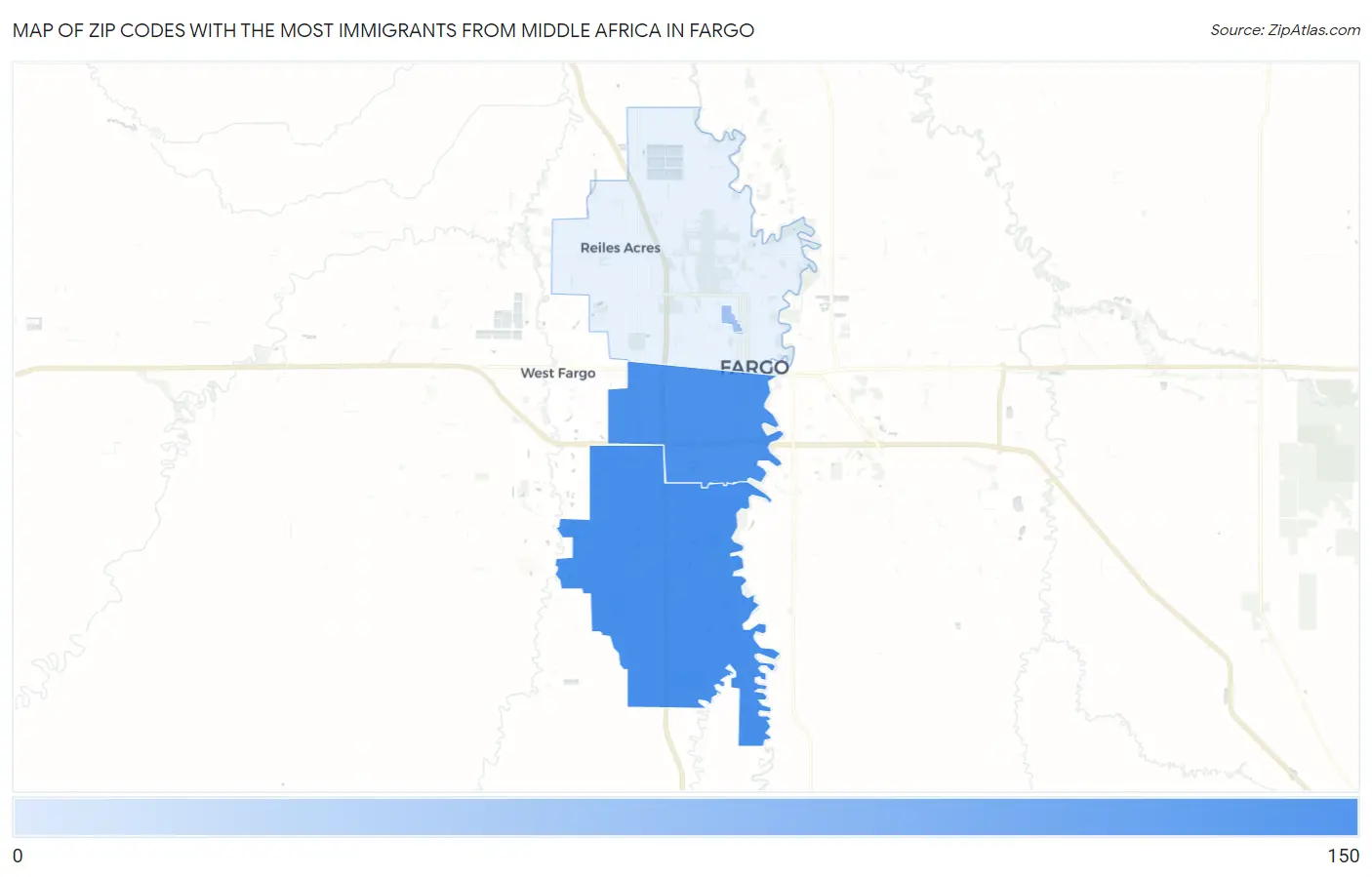 Zip Codes with the Most Immigrants from Middle Africa in Fargo Map