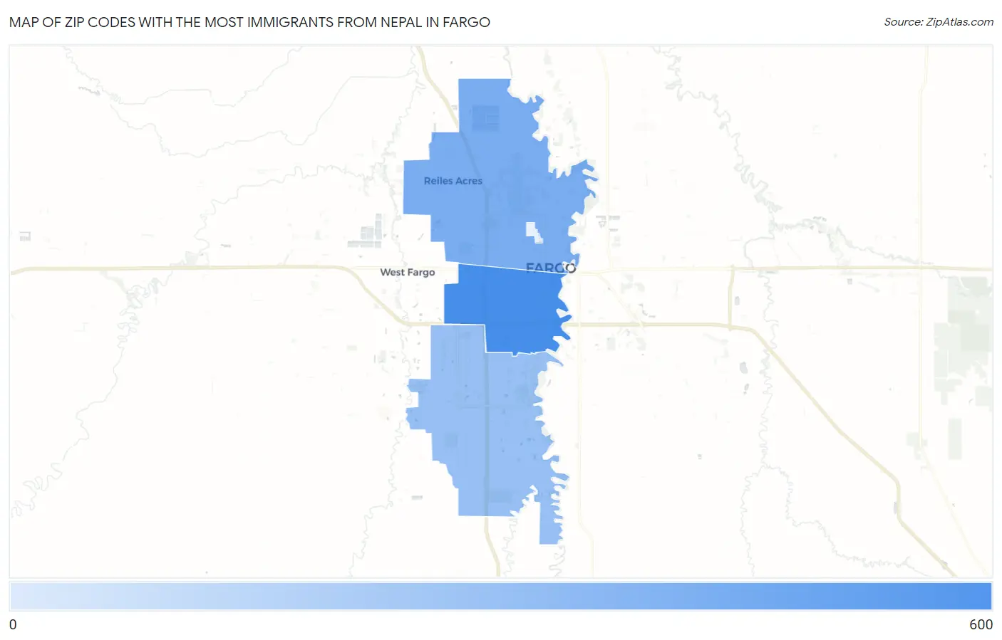 Zip Codes with the Most Immigrants from Nepal in Fargo Map