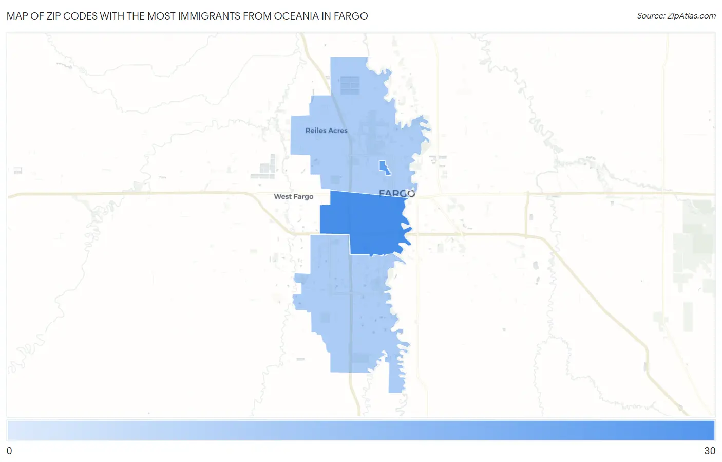 Zip Codes with the Most Immigrants from Oceania in Fargo Map