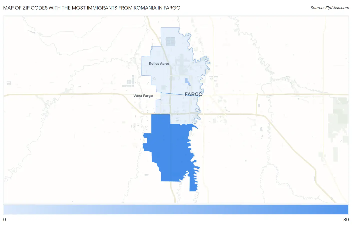 Zip Codes with the Most Immigrants from Romania in Fargo Map