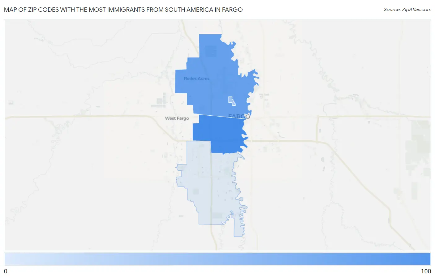 Zip Codes with the Most Immigrants from South America in Fargo Map