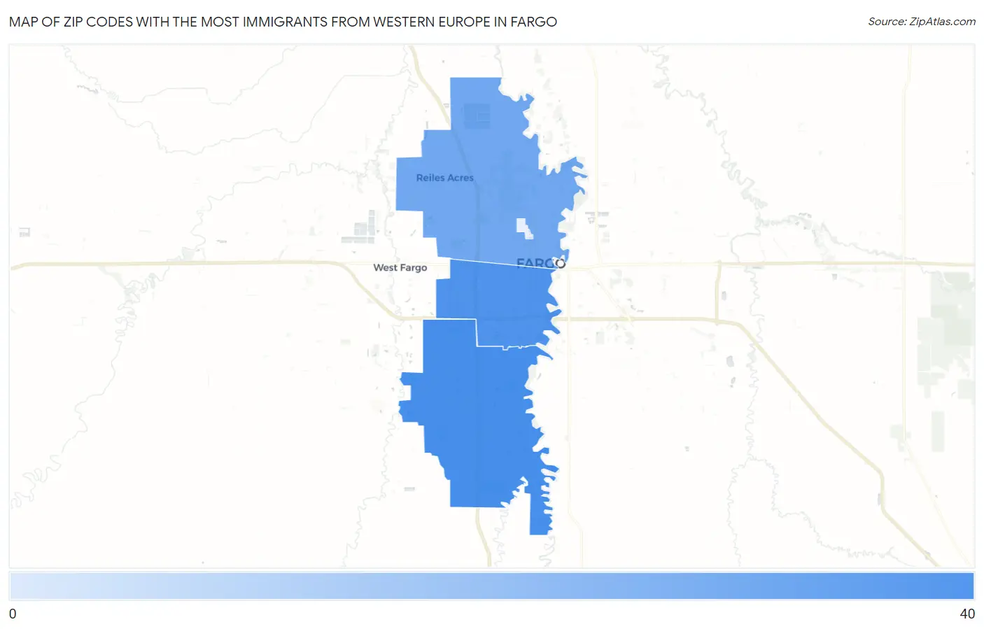 Zip Codes with the Most Immigrants from Western Europe in Fargo Map