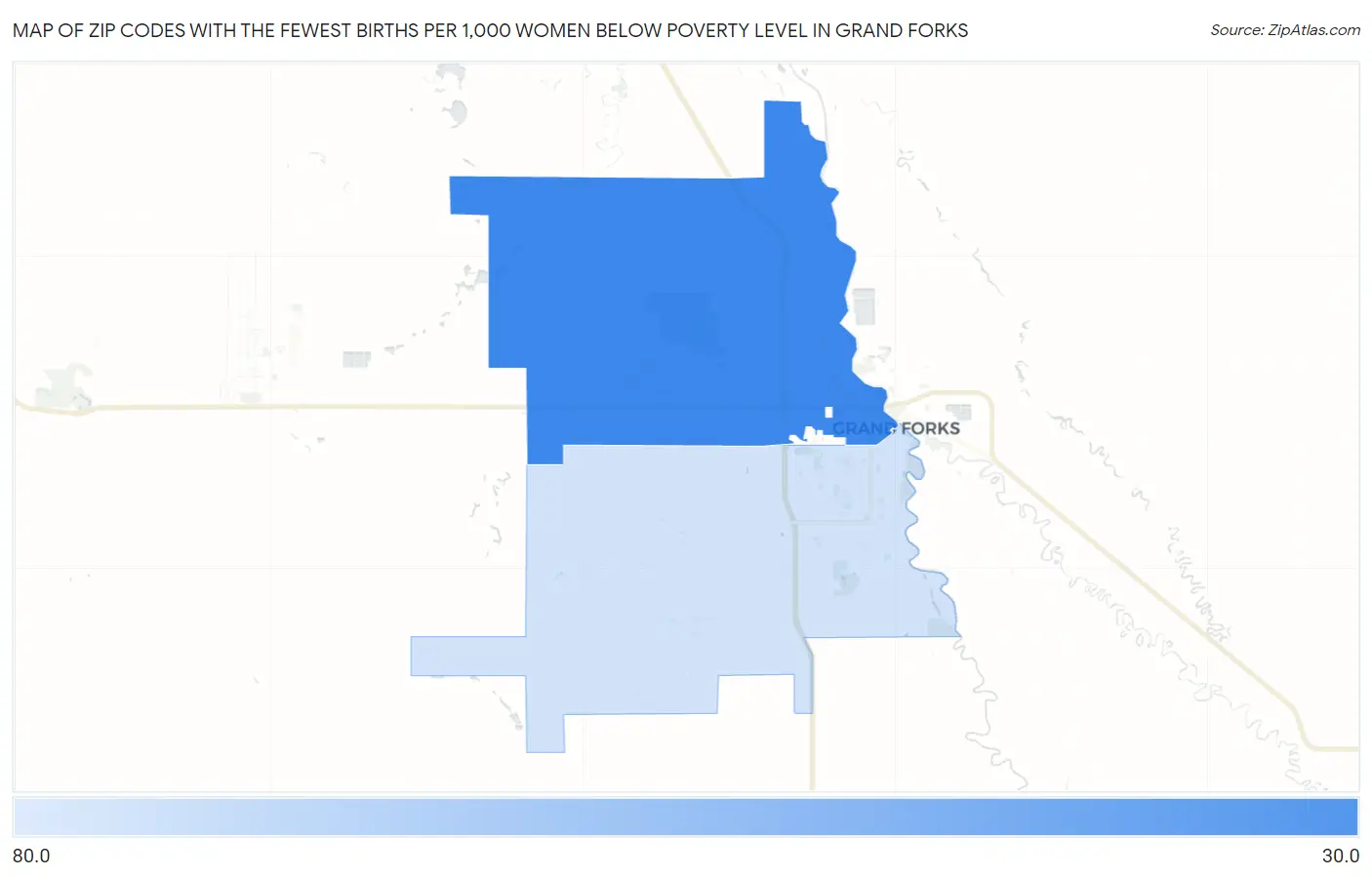Zip Codes with the Fewest Births per 1,000 Women Below Poverty Level in Grand Forks Map