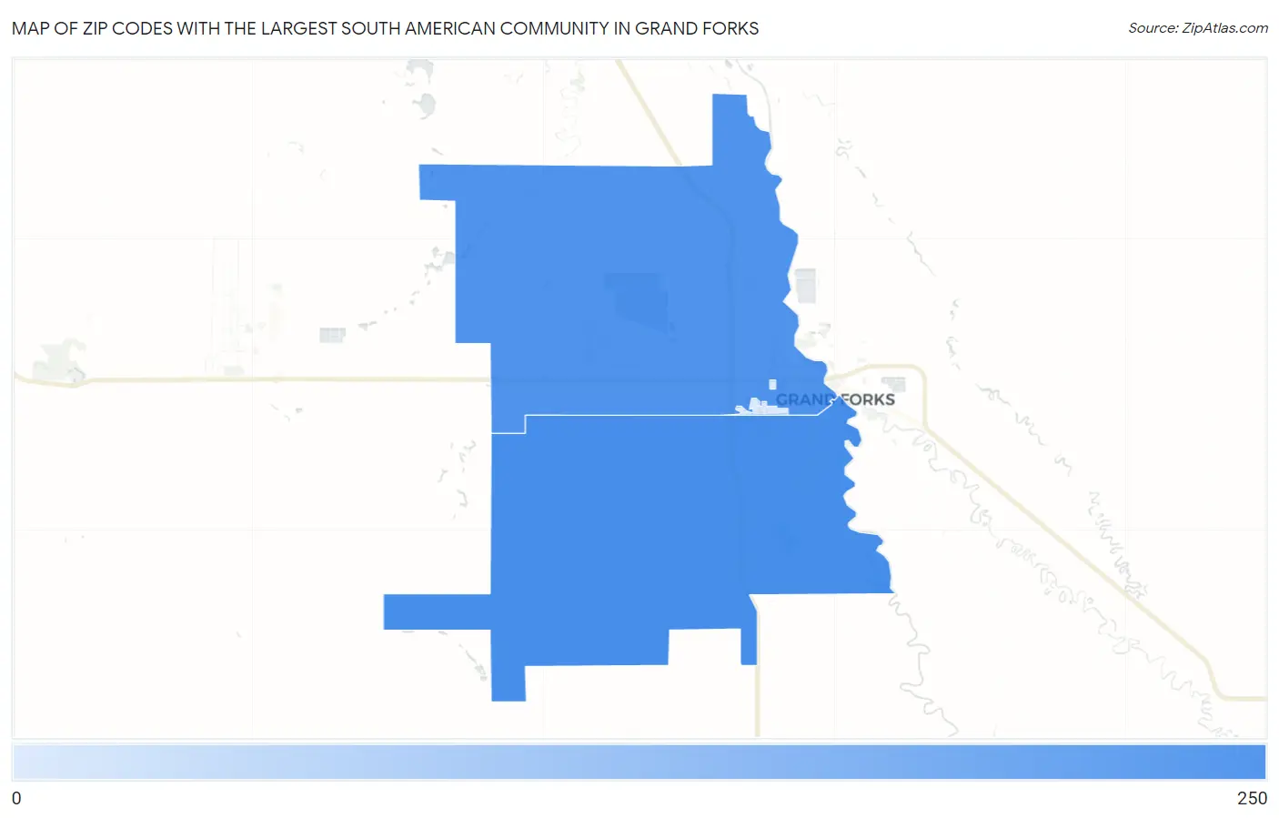 Zip Codes with the Largest South American Community in Grand Forks Map
