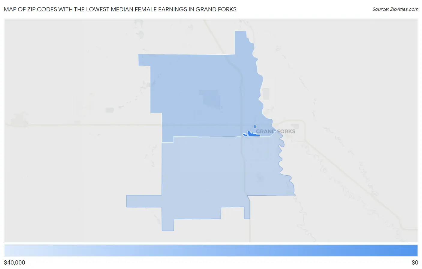 Zip Codes with the Lowest Median Female Earnings in Grand Forks Map
