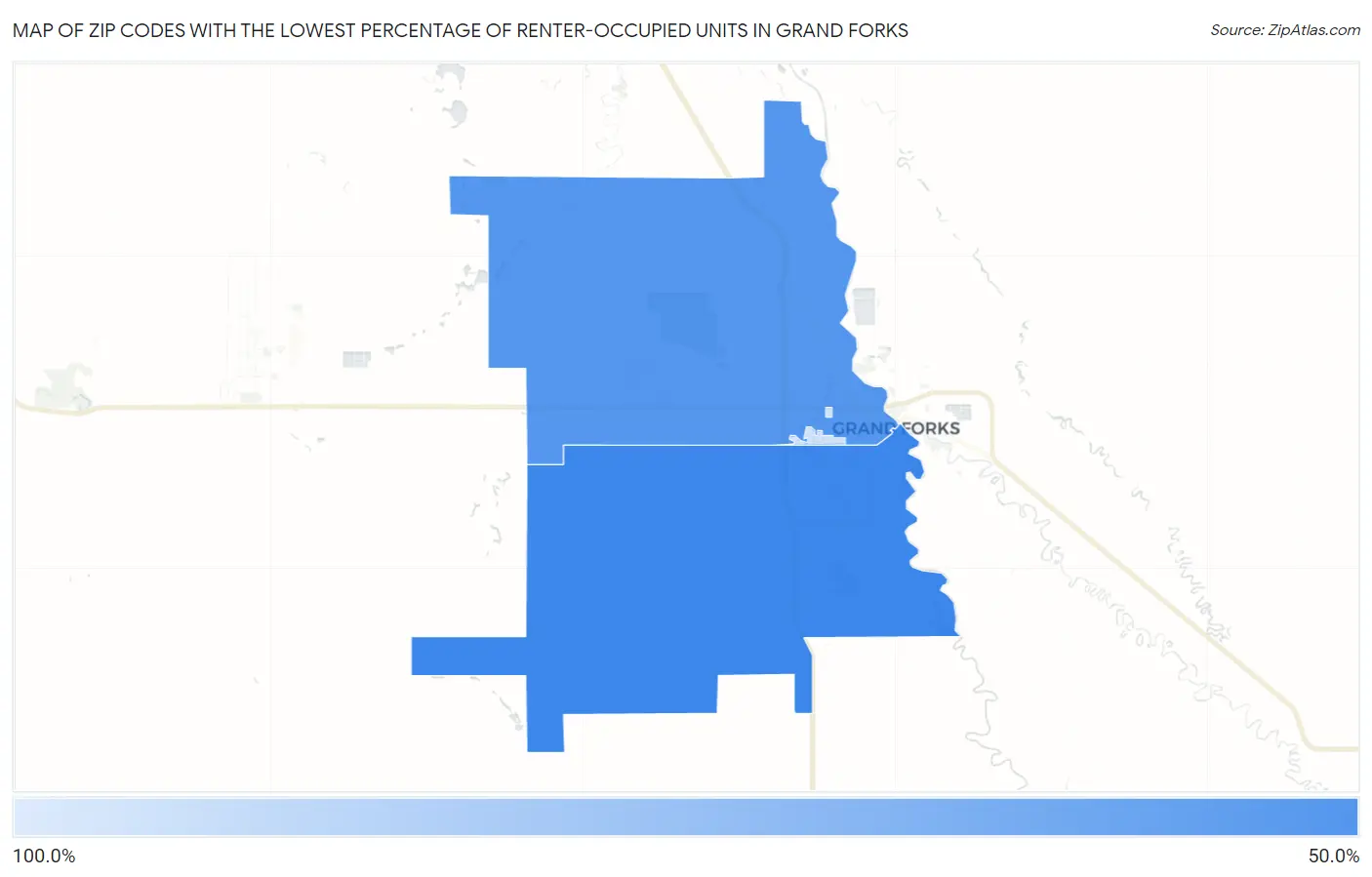 Zip Codes with the Lowest Percentage of Renter-Occupied Units in Grand Forks Map