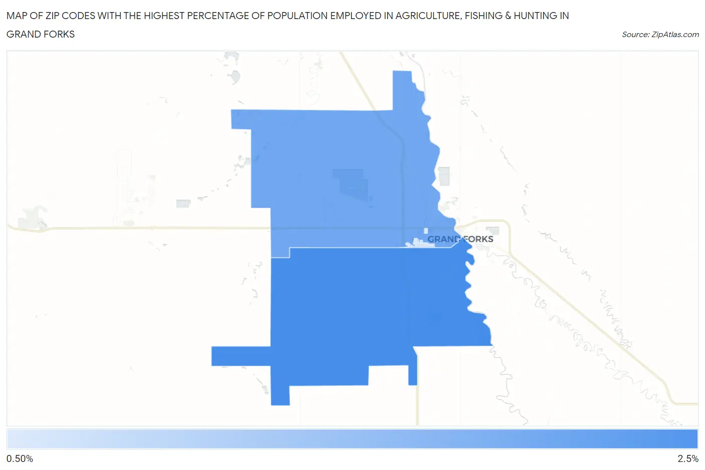 Zip Codes with the Highest Percentage of Population Employed in Agriculture, Fishing & Hunting in Grand Forks Map