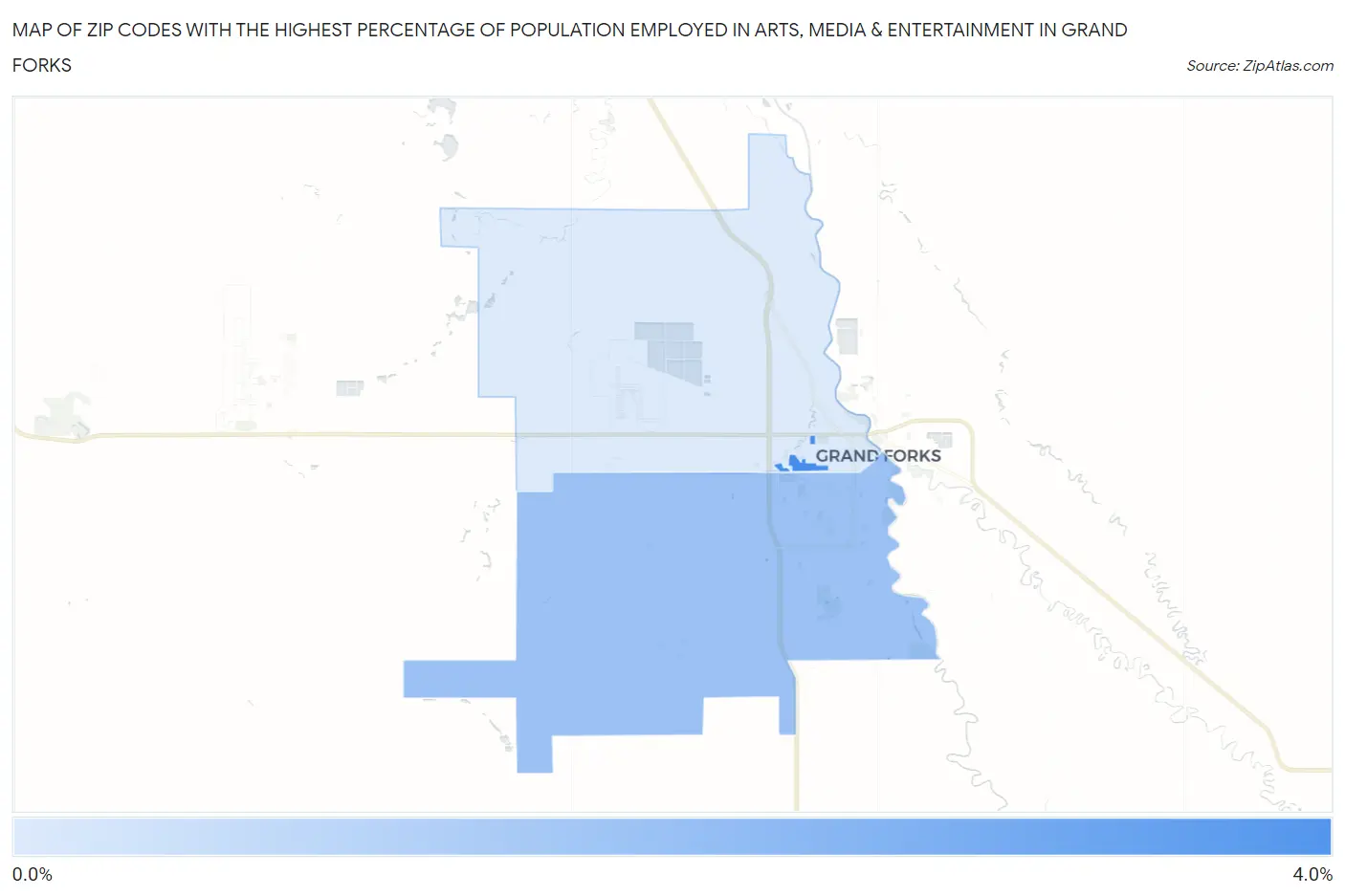 Zip Codes with the Highest Percentage of Population Employed in Arts, Media & Entertainment in Grand Forks Map