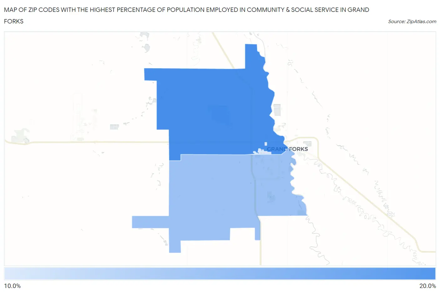 Zip Codes with the Highest Percentage of Population Employed in Community & Social Service  in Grand Forks Map
