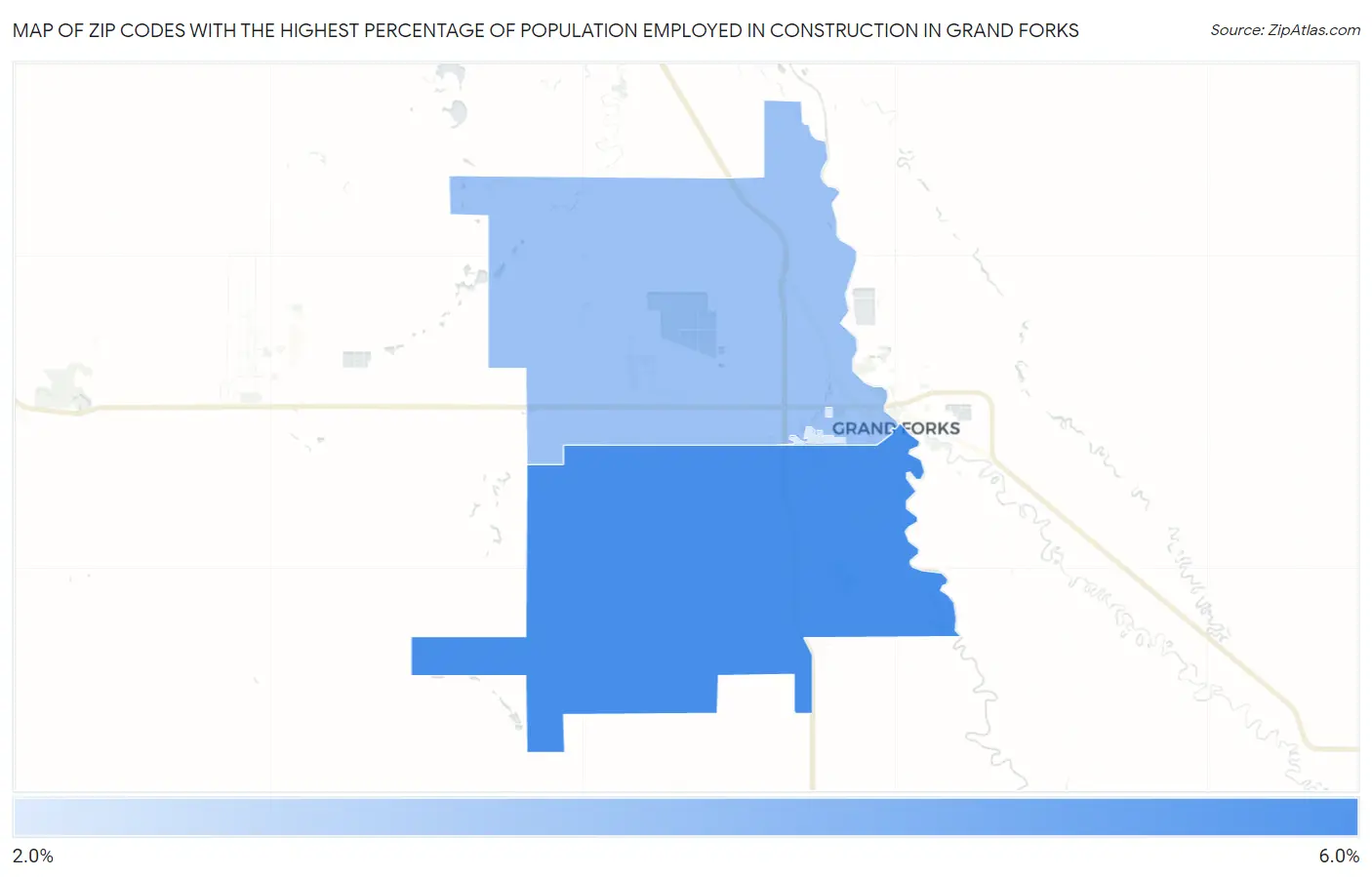 Zip Codes with the Highest Percentage of Population Employed in Construction in Grand Forks Map