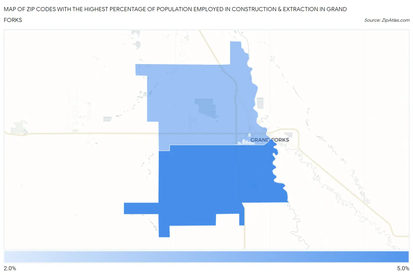 Zip Codes with the Highest Percentage of Population Employed in Construction & Extraction in Grand Forks Map
