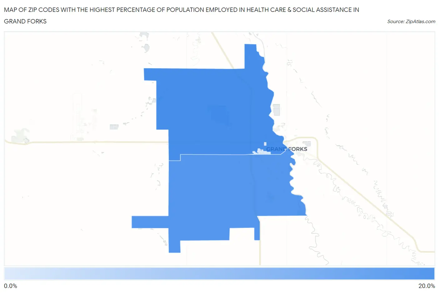 Zip Codes with the Highest Percentage of Population Employed in Health Care & Social Assistance in Grand Forks Map