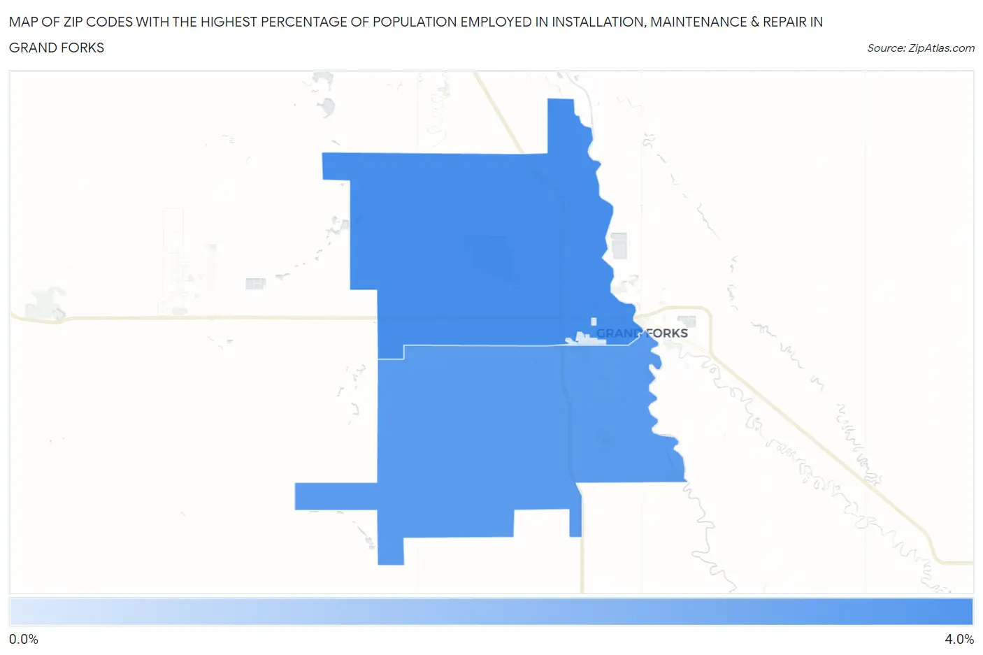 Zip Codes with the Highest Percentage of Population Employed in Installation, Maintenance & Repair in Grand Forks Map