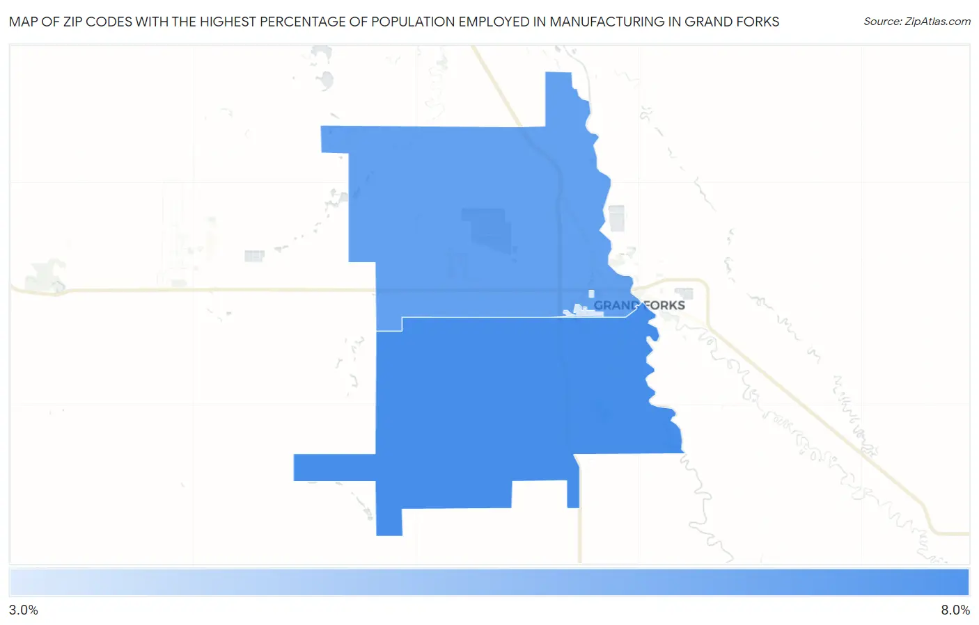 Zip Codes with the Highest Percentage of Population Employed in Manufacturing in Grand Forks Map