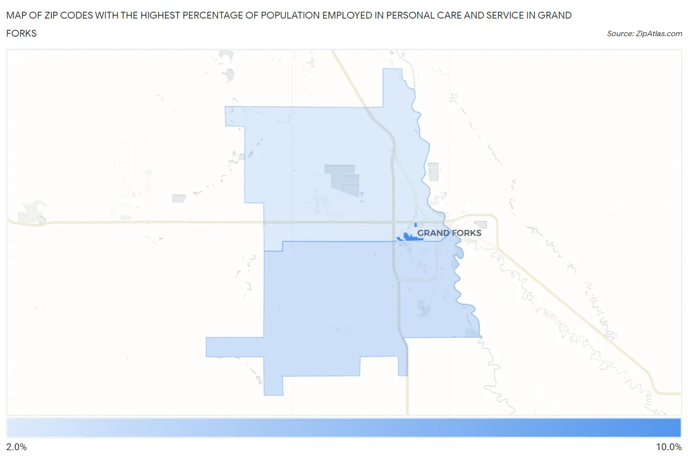 Zip Codes with the Highest Percentage of Population Employed in Personal Care and Service in Grand Forks Map