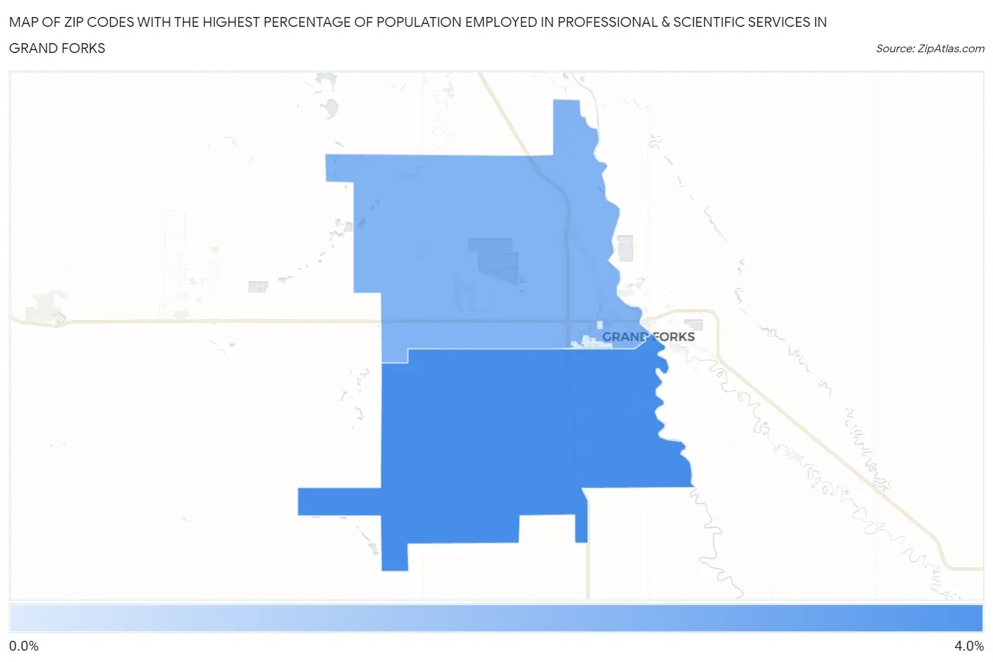 Zip Codes with the Highest Percentage of Population Employed in Professional & Scientific Services in Grand Forks Map