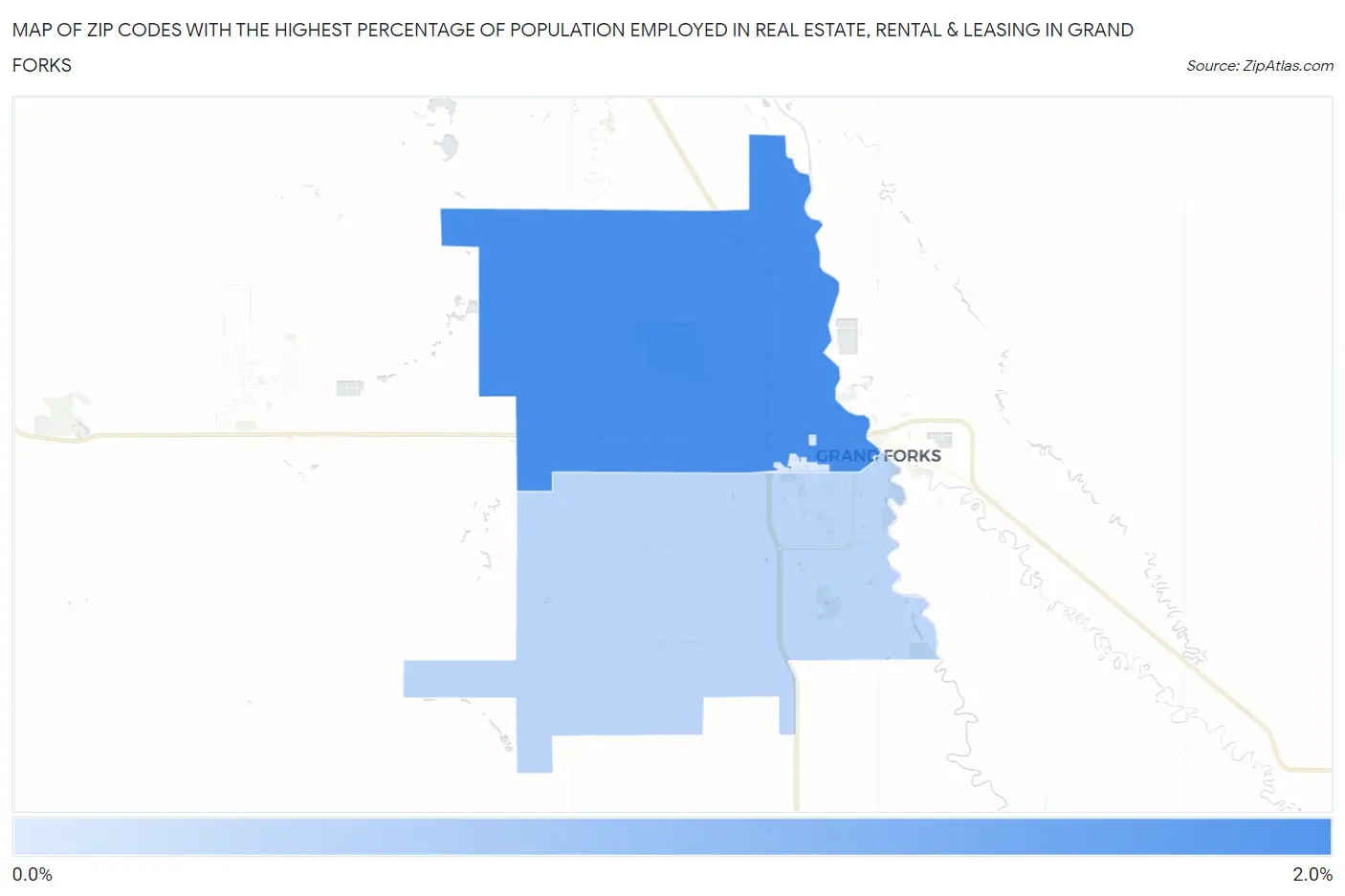Zip Codes with the Highest Percentage of Population Employed in Real Estate, Rental & Leasing in Grand Forks Map