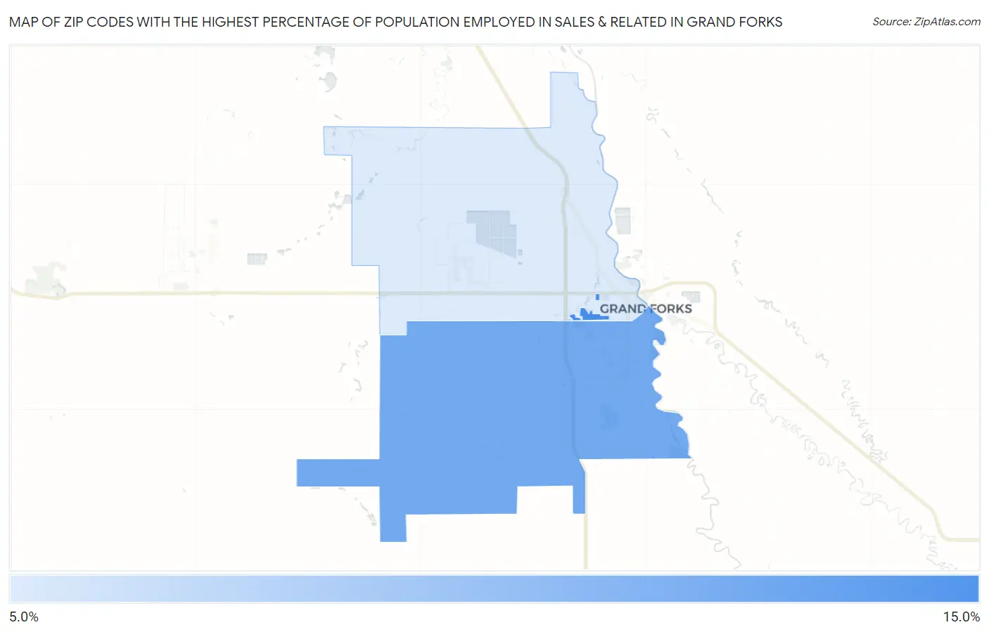 Zip Codes with the Highest Percentage of Population Employed in Sales & Related in Grand Forks Map